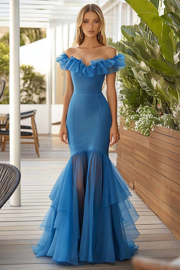 Robe longue formelle bleu sirène à épaules dénudées